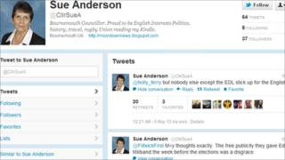 A screen shot of Sue Anderson's Twitter page on Sunday