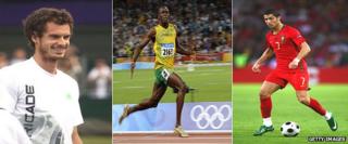 l-r British number one tennis player Andy Murray at Wimbledon in 2011; Jamaica's Usain Bolt winning the Men's 100m final in the 2008 Beijing Olympics; Portugal's Cristiano Ronaldo playing in Euro 2008