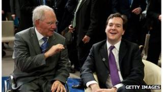 Wolfgang Schaeuble and UK Chancellor of the Exchequer George Osborne