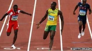 Usain Bolt winning the 100 metres at the 2008 Olympics
