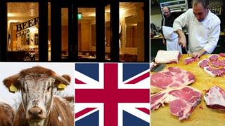 Montage of photographs (clockwise); exterior shot of Le Beef Club, Yves-Marie Le Bourdonnec cutting beef; longhorn cow (Photos: Le Beef Club,Yves-Marie Le Bourdonnec, Thinkstock)