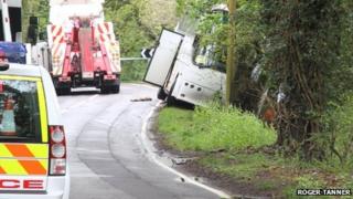 Coach in ditch at crash scene