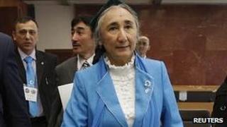 Rebiya Kadeer, president of the World Uighur Congress, arrives at the fourth General Assembly of the World Uighur Congress in Tokyo, 14 May 2012