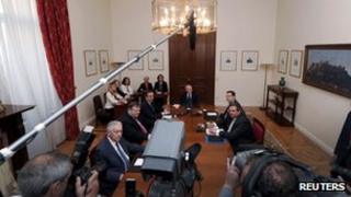 Party leaders at talks in Athens (15 May)