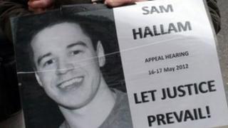 Support for Sam Hallam outside Court of Appeal