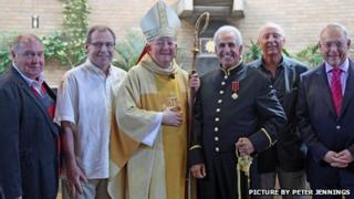 Malcolm Stent, Dave Ismay, The Most Reverend Bernard Longley, Archbishop of Birmingham, Don Maclean, Jasper Carrott and Gary Newbon (left to right)