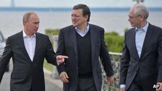President Putin greets Jose Manuel Barroso and Herman Van Rompuy in St Petersburg