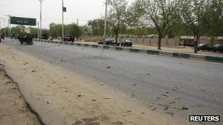 The road leading to the entrance of the police headquarters in Nigeria"s northeastern city of Maiduguri