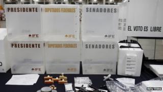 Election materials displayed at a warehouse in Tepotzotlan, on the outskirts of Mexico City, 30 May 2012.