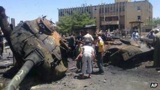 Destroyed tank in northern town of Ariha, Idlib province