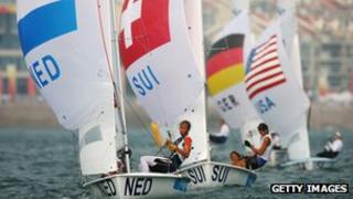 Boats in the 470 class races at the 2008 Olympics
