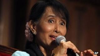 Myanmar opposition leader Aung San Suu Kyi takes part in a debate with French students at the Sorbonne University, in Paris