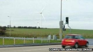 Computer-generated image of the wind turbines on the edge of Sellindge