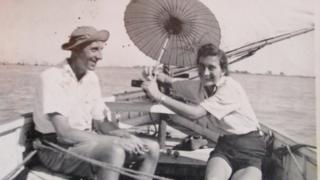 Joyce Griffiths on the River Rangoon with her friend a hydrographer