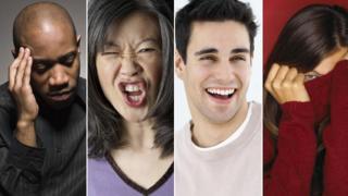 (Left to right) anxious man; angry woman; smiling man; woman hiding behind her jumper