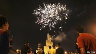 Fireworks being lit in Libya's second city, Benghazi, after polling stations close in general elections on 7 July 2012