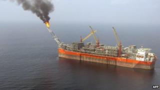 An aerial view taken on 5 February 2008 120km (75 miles) off the coast of Nigeria,, shows the FPSO Bonga (Floating, Production, Storage and Offloading)