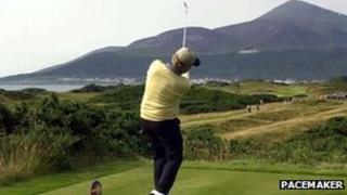 Jack Niklaus teeing off at Royal County Down in 2001