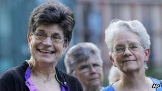 Sister Pat Farrell and Sister Florence Deacon participates in a vigil with supporters in St Louis, Missouri, 9 August 2012