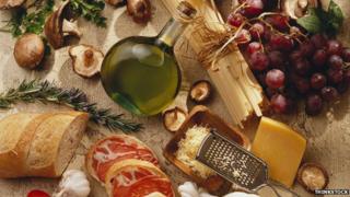 Assortment of food, including bread, olive oil, cheese, meat and grapes