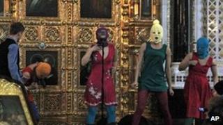 Pussy Riot perform their "punk prayer" on 21 February in the Christ the Saviour Cathedral, Moscow