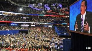A giant screen shows the Governor of New Jersey Christopher Christie on 28 August 2012