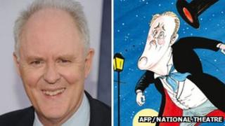 John Lithgow in real life and how he appears on Gerald Scarfe's poster for The Magistrate