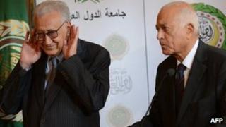 UN and Arab League envoy to Syria Lakhdar Brahimi (L) and Arab League General Secretary Nabil al-Arabi hold a press conference at the Arab League headquarters in Cairo