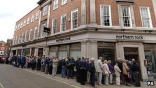 Savers queuing outside Northern Rock Harrogate branch