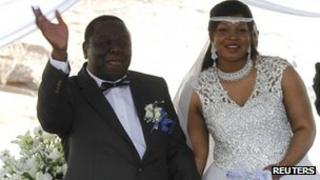 Morgan Tsvangirai and Elizabeth Macheka smile after getting married in Harare. Photo: 15 September 2012