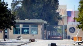 A view of a road leading to the entrance of the U.S. Embassy, a day after several thousand demonstrators angry over a film that insults the Prophet Muhammad stormed the compound,