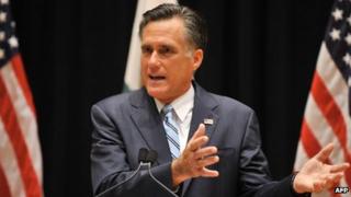 Mitt Romney speaks to the press in Costa Mesa, California, on 17 September 2012