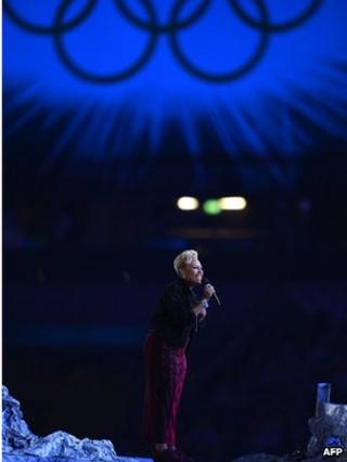 Emeli Sande performing at the closing ceremony of the London 2012 Olympics