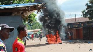 A fire burning in Conakry's main market during clashes on Friday 21 September 2012