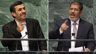 Iranian President Mahmoud Ahmadinejad (L) and Egyptian President Mohammed Morsi during their speeches at the UN