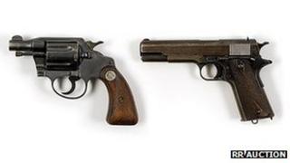 Bonnie Parker .38 Colt Detective Special revolver (L) and Clyde Barrow 1911 Army Colt .45 pistol