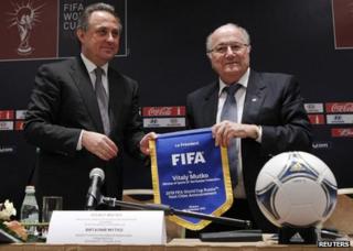 Russian Sports Minister Vitaly Mutko (left) and Fifa president Sepp Blatter in Moscow, 30 September