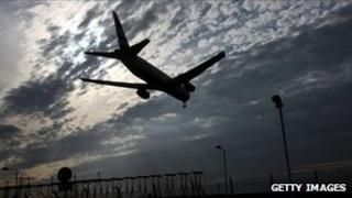 Plane landing at Heathrow Airport