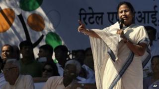 Trinamool Congress party leader Mamata Banerjee addresses her supporters at a rally in New Delhi, India
