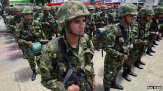 Colombian soldiers stand at attention during an inauguration ceremony for a new mobile brigade set up to fight against the Revolutionary Armed Forces of Colombia - 5 October 2012