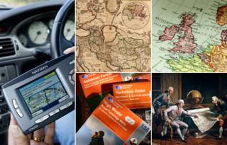 Слева вверху, по часовой стрелке: человек, использующий GPS в автомобиле, старинная карта мира, карта Британских островов, портрет Людовика XVI, смотрящий на карту, стопка карт обследования боеприпасов