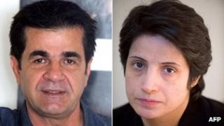 Комбинация двух файловых изображений показывает, что иранский кинорежиссер Джафар Панахи (слева) позирует во время интервью AFP в Тегеране 30 августа 2010 года, и иранский адвокат Насрин Сотудех позирует в Тегеране 1 ноября 2008 года.