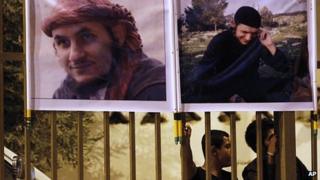 Posters of Montaser Bayrouti during memorial service for him in Baqaa