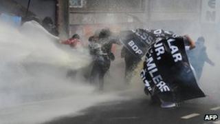 Protesters were driven back by water cannon