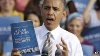 President Obama with "A Plan for Jobs" leaflet