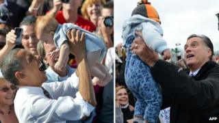 Barack Obama (L) and Mitt Romney (R) holding babies at campaign events