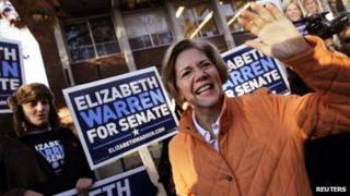 Massachusetts Democratic Senator-elect Elizabeth Warren waves to supporters before voting (6 Nov)