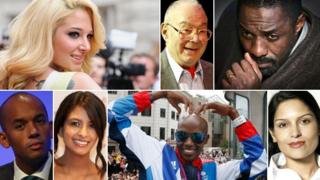 Clockwise, from left: Tulisa Contostavlos, Lionel Blue, Idris Elba, Priti Patel, Mo Farah, Kanak "Konnie" Huq and Chuka Umunna