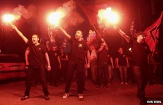 Golden Dawn members release flares in Thessaloniki, Greece, 17 June