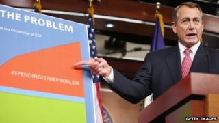 House Speaker John Boehner points to a chart of US spending in Washington DC, 13 December 2012
